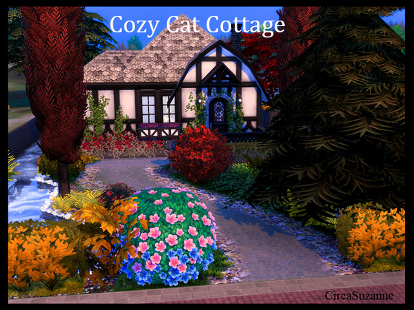 Sims 4 — Cozy Cat Cottage by circasuzanne2 — Tiny little cottage surrounded by tons of trees and foliage. Decorated for