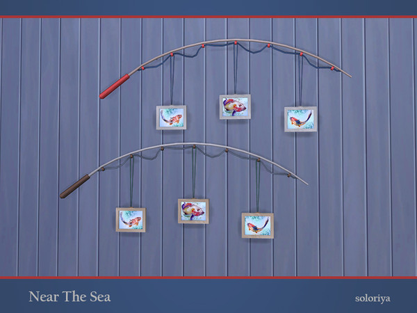 Sims 4 — Near The Sea Fishing Rod Wall Deco by soloriya — Fishing rod wall deco with three paitings. Part of Near the Sea