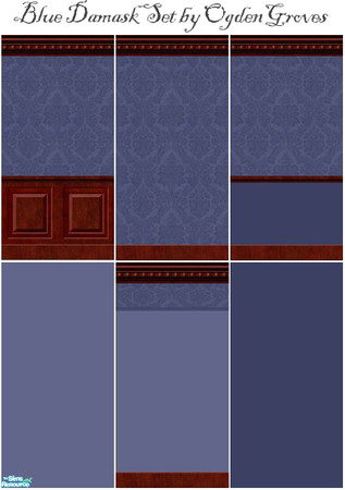 Sims 2 — Victorian Blue Damask Wallpaper Set by OgdenGroves — Victorian Damask, perfect for dark and dreary settings.