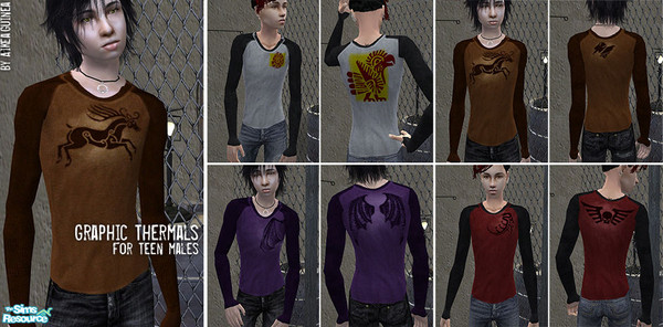 Sims 2 — Graphic Thermals for Teen Males by aikea_guinea — Set of four graphic thermals for teen males. Long alpha allows