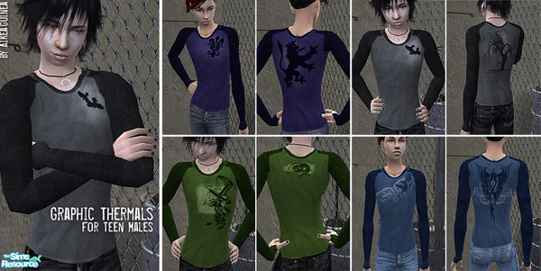 Sims 2 — Graphic Thermals for Teen Males by aikea_guinea — Set of four graphic thermals for teen males. Long alpha allows