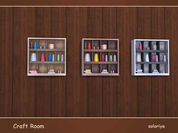 Sims 4 — Craft Room Wall Deco v1 by soloriya — Wall deco shelves with threads. Part of Craft Room set. 3 color