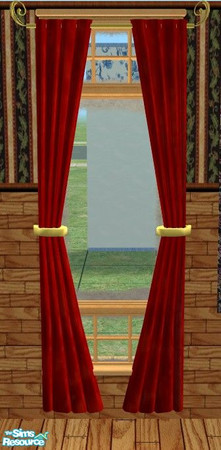 Sims 2 — Country Christmas Living - Drapes by Riverwillows — Red velour drapes with gold rods and tiebacks.
