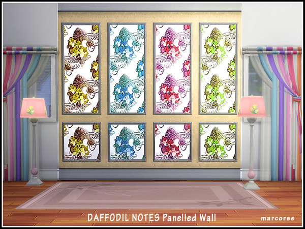 Sims 4 — Daffodil Notes_marcorse. by marcorse — Split panelled wall with daffodil floral inserts. 4 variations. Found in