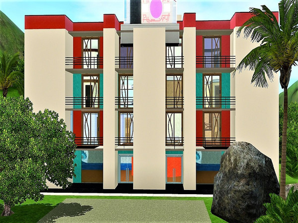 Sims 3 — Coral Shoals Apartments by laughingcrow2 — 12 Apartments, four stories, weight room, salon, bar, meeting room.