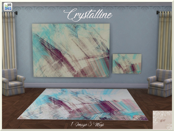 Sims 4 — Crystalline by QueenElizabethI — A compilation of a mural, landscape painting, and a rug. The image is an