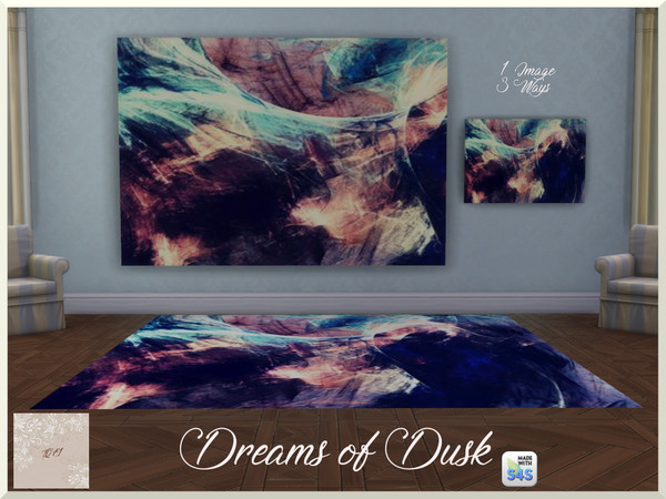 Sims 4 — Dreams of Dusk by QueenElizabethI — A compilation of a mural, landscape painting, and a rug. The image is an