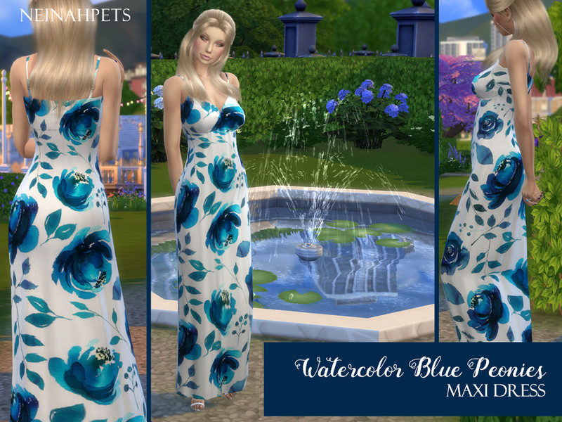 Sims 4 The Sims Resource | Watercolor Blue Peony Maxi Dress by TSR Creator
