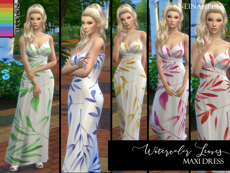 Sims 4 The Sims Resource | Watercolor Leaves Maxi Dress by TSR Creator