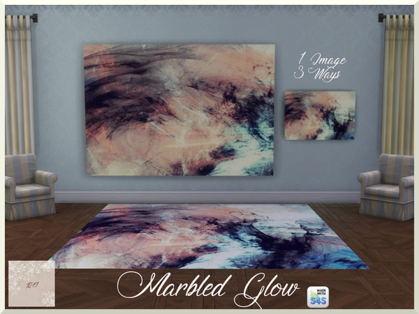 Sims 4 — Marbled Glow by QueenElizabethI — A compilation of a mural, landscape painting, and a rug. The image is an