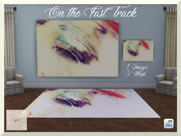 Sims 4 — On the Fast Track by QueenElizabethI — A compilation of a mural, landscape painting, and a rug. The image is an