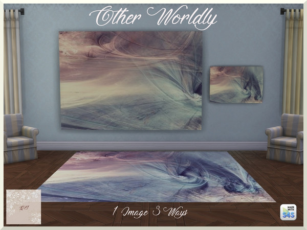 Sims 4 — Other Worldly by QueenElizabethI — A compilation of a mural, landscape painting, and a rug. The image is an