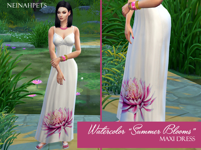 Sims 4 The Sims Resource | Summer Blooms Watercolor Flowers Maxi Dress by TSR Creator