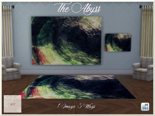 Sims 4 — The Abyss by QueenElizabethI — A compilation of a mural, landscape painting, and a rug. The image is an abstract