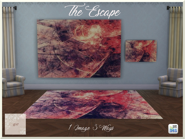 Sims 4 — The Escape by QueenElizabethI — A compilation of a mural, landscape painting, and a rug. The image is an
