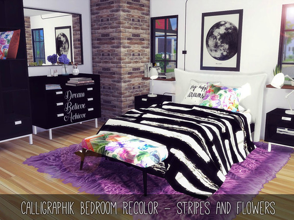Sims 4 — Calligraphik Bedroom Recolor by Sooky2 — This set is such a cutie! The combination of stripes, flowers and