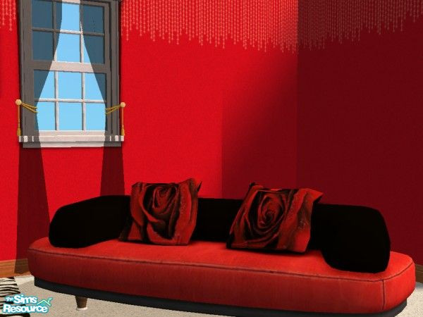 Sims 2 — Don Lothario's bedroom - Sofa by fizz bomb — a red & black sofa pillows match rug, bedding & pic 1