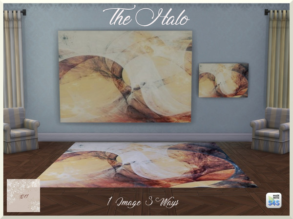 Sims 4 — The Halo by QueenElizabethI — A compilation of a mural, landscape painting, and a rug. The image is an abstract