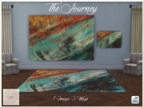 Sims 4 — The Journey by QueenElizabethI — A compilation of a mural, landscape painting, and a rug. The image is an
