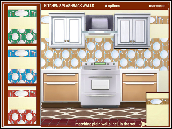 Sims 4 — Kitchen Splashback Wall Set_marcorse by marcorse — Four kitchen splashback walls with matching plain wall. 4