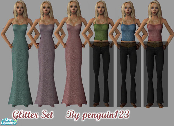 Sims 2 — Glitter set! by penguin123 — This is a hand-drawn collection of glittery dresses and tank tops! For the sim who