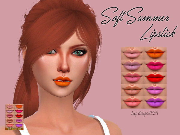 Sims 4 — Soft Summer Lipstick by daye2524 — Base game compatible Works on skin overlays Lipstick category 10 swatches