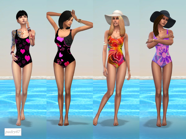 Sims 4 — glitter swimwear by padry67 — There are 4 swimsuits, four have glitter fabrics, which are flowers or fuchsia