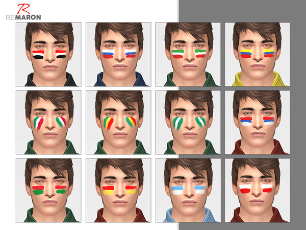 Sims 4 — World Cup face paint. by remaron — -18 Swatches -Custom CAS thumbnail (Only for men) Don't know why don't work