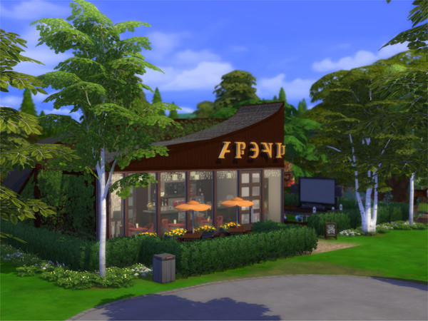 Sims 4 — Green Cinema Cafe -NO CC- by Nemono — Inspired by outdoor movie nights and combined with the joy of sipping a