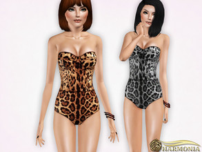 Sims 3 — Leopard Print Strapless One-piece Swimsuit by Harmonia — 4 color. recolorable Please do not use my textures.