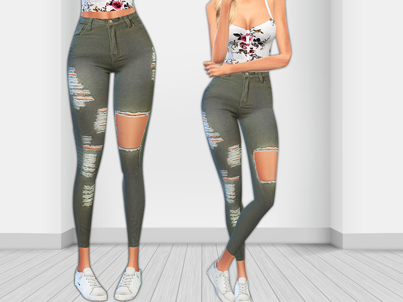 The Sims Resource - Army Green Ripped Jeans