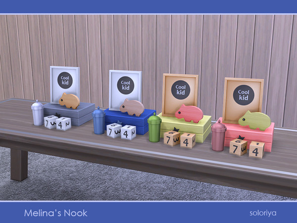 Sims 4 — Melina's Nook. Decor by soloriya — A box, cubes, painting, cutout animal and bottle in one mesh. Part of