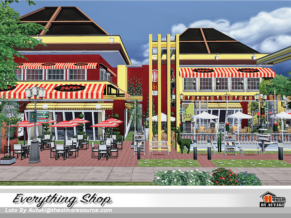 Sims 4 — Everything Shop by autaki — Everything Shop it has food shop, bar ,coffee shop ,music DJ and more I hope you'll