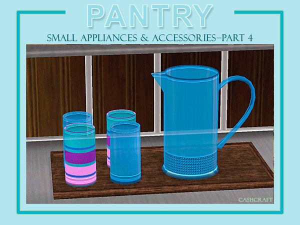 Sims 3 — Pantry Tall Glass Pitcher and Beverage Glasses by Cashcraft — A tall glass pitcher with four beverage