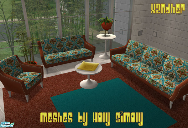 Sims 2 — Ashbury Paisley Lounge - Crimson by Xandher — A set of retro seating in a unique teal paisley print with crimson