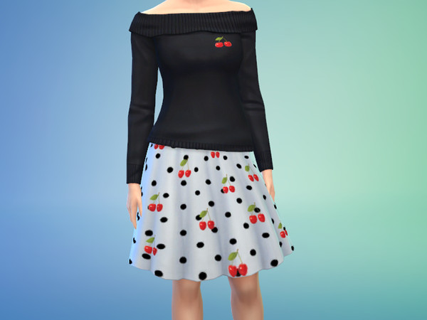 Sims 4 — Cherries by mea3 — An flared out white skirt with black polka dots and cherries, and a black off the shoulder
