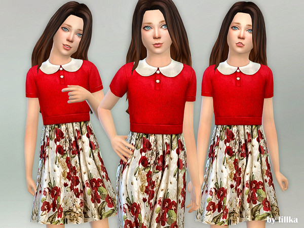 Sims 4 — Red Floral Collared Dress [NEEDS SEASONS] by lillka — Red Floral Collared Dress for Girls YOU NEED Seasons