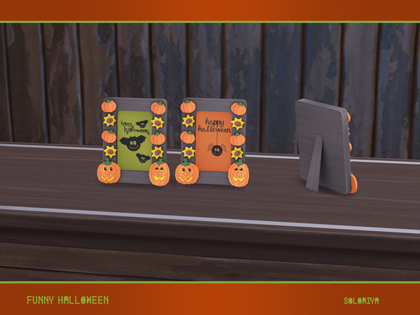 Sims 4 — Funny Halloween. Frame by soloriya — Wooden frame with cutouts pumpkins and flowers, with a Halloween paintings.