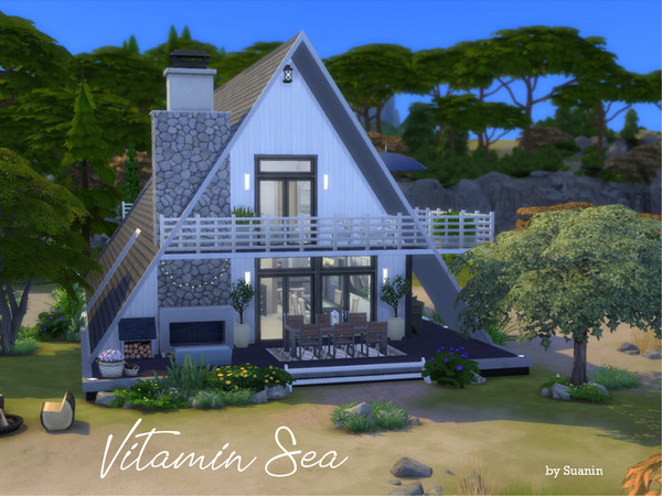 Sims 4 — Vitamin Sea (no CC) by Suanin — This unique A-frame beach house offers stunning views of the surrounding ocean