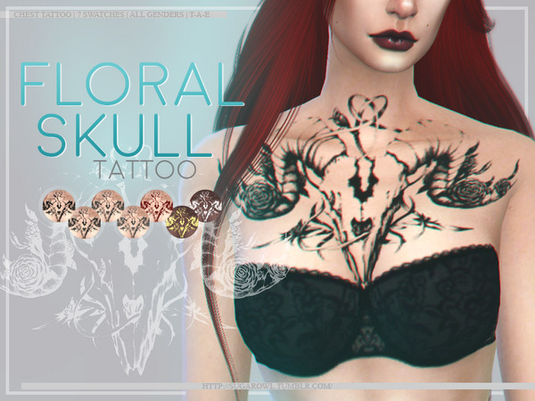 Sims 4 — Floral skull tattoo by sugar_owl — This tattoo comes in 7 swatches: - black - three shades of grey - dark red -