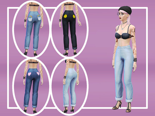 Sims 4 — Macaronisims High Waisted Embroidered Jeans by macaronisims — Cropped high waisted jeans with embroidered back