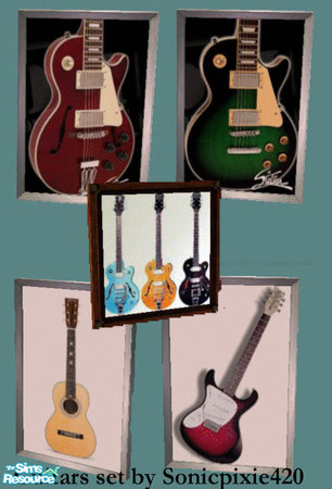 Sims 2 — Guitar posters set by sonicpixie420 — A collection of five framed photos of guitars. Pefect for a musical Sim.