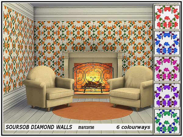Sims 4 — Soursob Diamond Walls_marcorse by marcorse — Coloured Soursob [oxalis] flowers and stems, creating a doamond