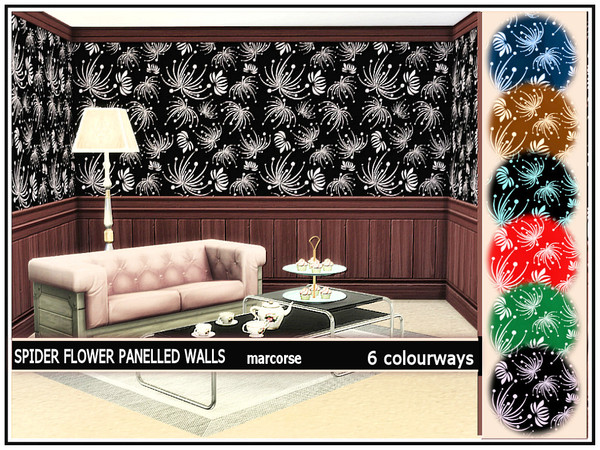 Sims 4 — Spider Flower Panelled Walls_marcorse by marcorse — Spider flowers [Cleome] in bright contrast to stained timber