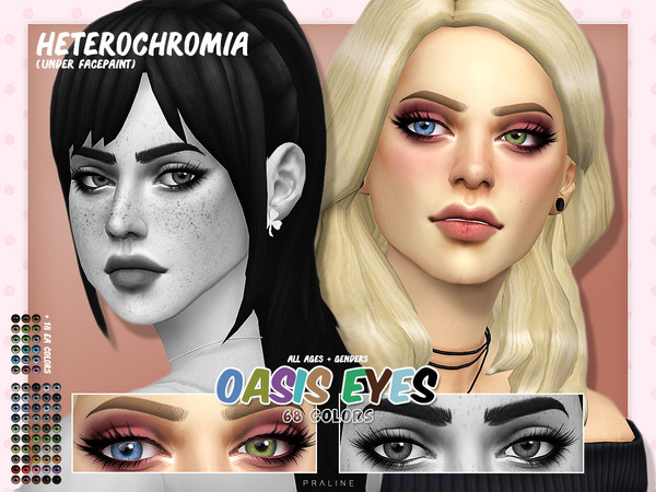Sims 4 — Oasis Eyes N155 HETEROCHROMIA by Pralinesims — One eye in 68 colors, for all ages and genders. Under facepaint,