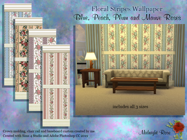 Sims 4 — MRC Striped Rose wallpaper by MidnightRose — Classy striped Rose wallpapers for your sims decorating needs.