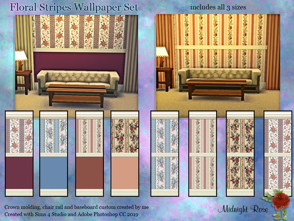 Sims 4 — MRC Striped Roses wallpaper set by MidnightRose — Beautiful Rose striped wallpapers with and without painted