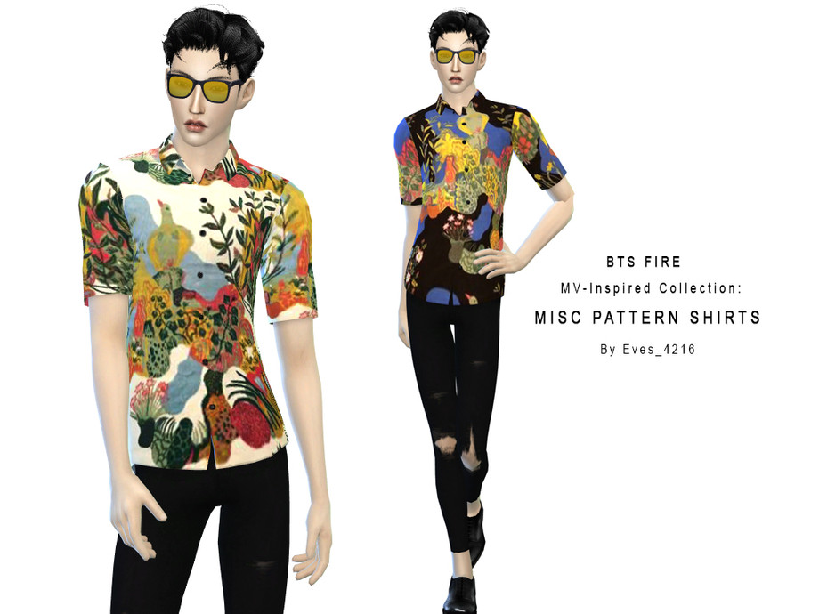 The Sims Resource - BTS FIRE MV Inspired Misc Patterned Shirts 36 Swatches