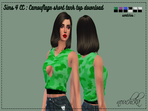 Sims 4 — Camouflage short tank top for females by FahrenSight — This item contains 6 swatches , and is for females. 4 of
