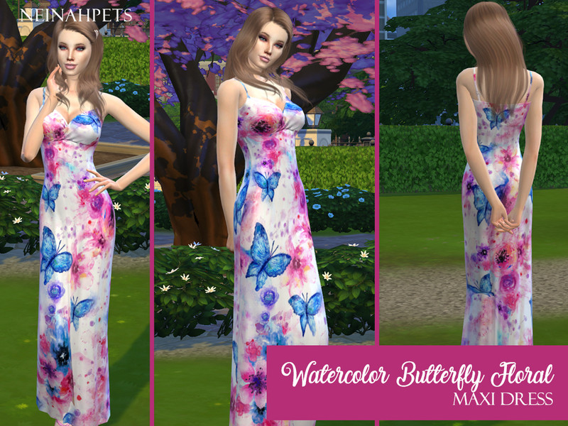 Sims 4 The Sims Resource | Watercolor Butterfly Floral Maxi Dress by TSR Creator
